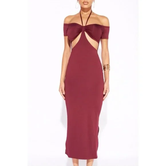 Burgundy Halter Neck Off Shoulder Short Sleeve Slit Cutout Bodycon Midi Dress - Picture 7 of 13